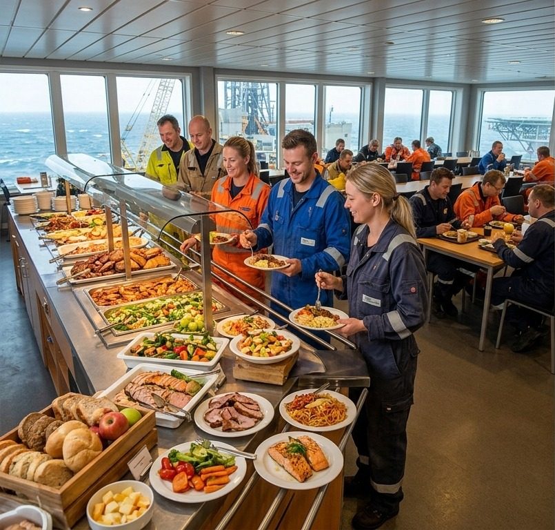Offshore catering buffet with fresh meals