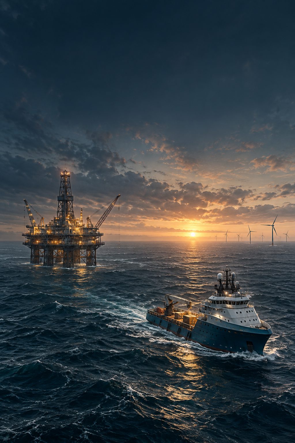 Illustration of a support vessel and an offshore installation