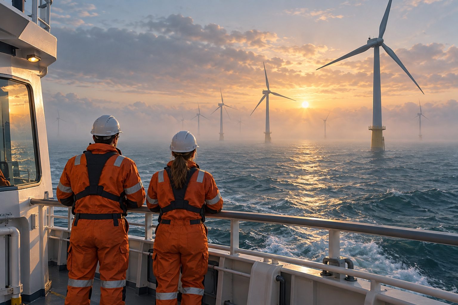 Illustration of technicians looking towards an offshore wind farm